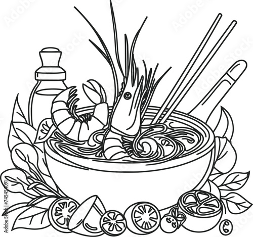 tom yum goong in continuous line drawing minimalist style, food illustration.