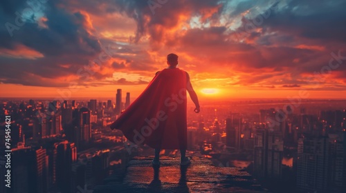 superhero businessman looking at city. Created with Generative AI.