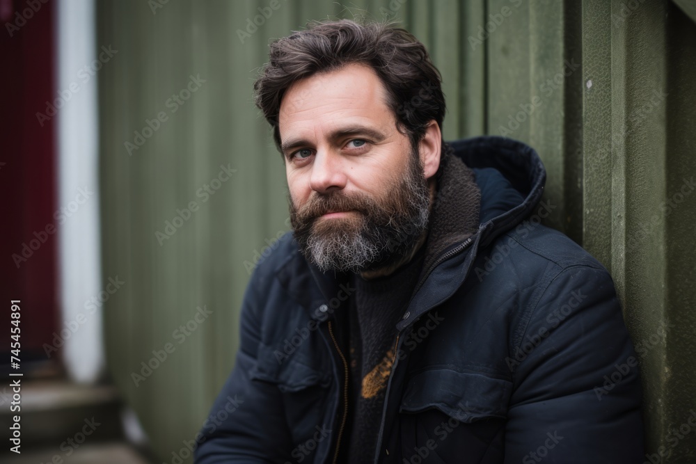 Portrait of a handsome bearded hipster man with gray beard and mustache, wearing a black jacket, looking at the camera with a serious expression. Portrait of a handsome bearded hipster man with gray beard and mustache, wearing a black jacket, looking at the camera with a serious expression.