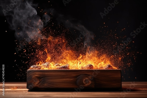 A wooden box engulfed in flames, billowing smoke into the air