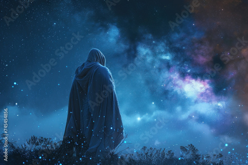 Mysterious Cloaked Figure Gazing at a Starry Night Sky with Cosmic Nebulae
