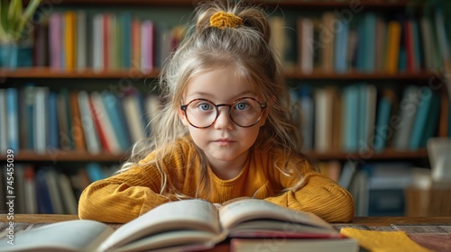 Beautiful little girl reading a book. Created with Generative AI.
