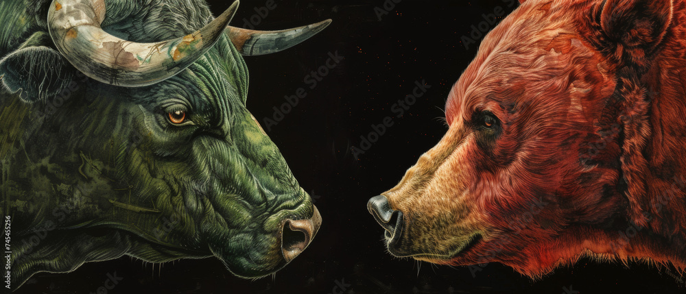 Green Bull versus Red Bear. Stock market illustration, opposition concept in Trade exchange. Global economy boom or crash, bullish run versus bearish market. - obrazy, fototapety, plakaty 