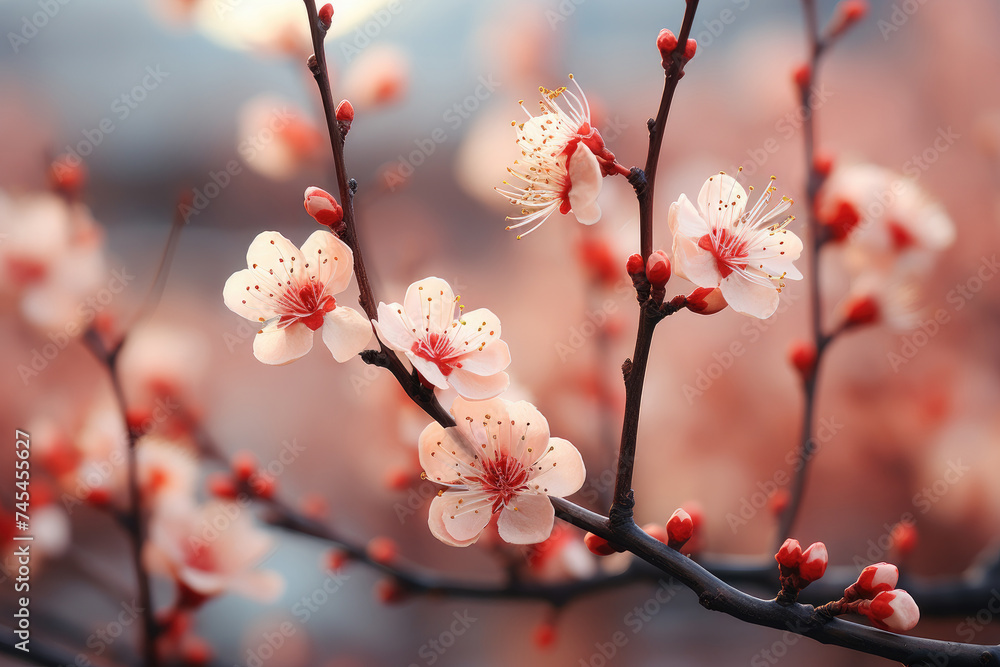 A branch adorned with delicate white and red blossoms, creating a stunning contrast against a backdrop of lush green leaves A branch adorned with delicate white and red blossoms, creating a stunning contrast against a backdrop of lush green leaves