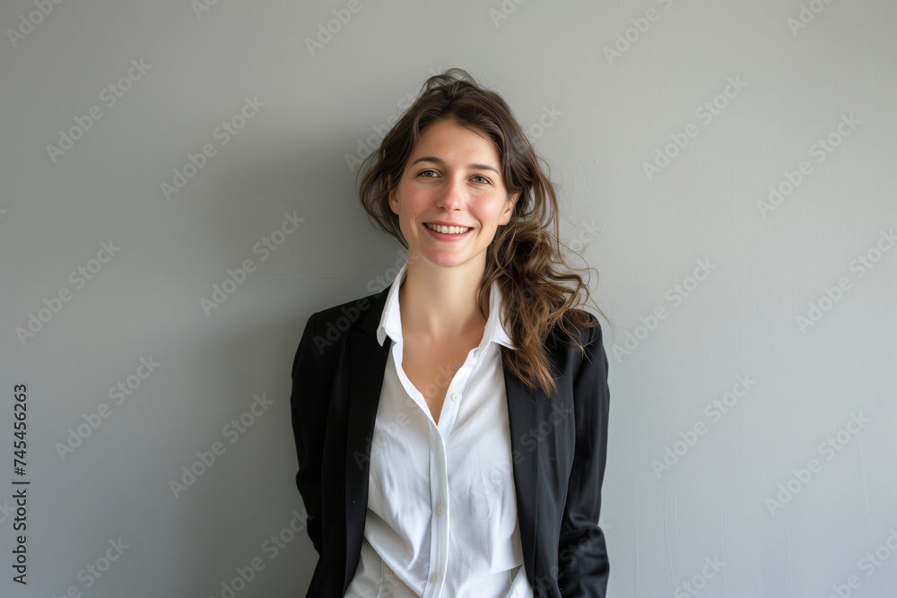 Confident Businesswoman in Casual Office Attire Enjoying a Light Moment Against a Simple Background Confident Businesswoman in Casual Office Attire Enjoying a Light Moment Against a Simple Background