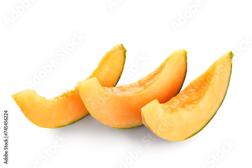 Pieces of sweet melon on white background