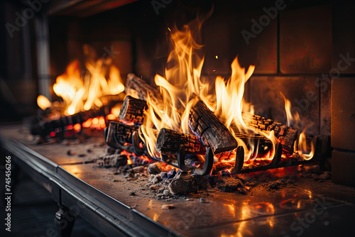 A mesmerizing display of vibrant flames flickering and dancing in a roaring fireplace, casting a warm glow and crackling sounds