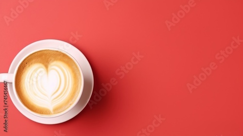 cup of frothy latte with foam on a red background with space for text