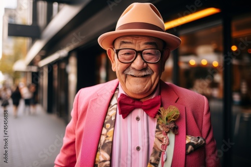 Portrait of an old man in a pink suit and hat.