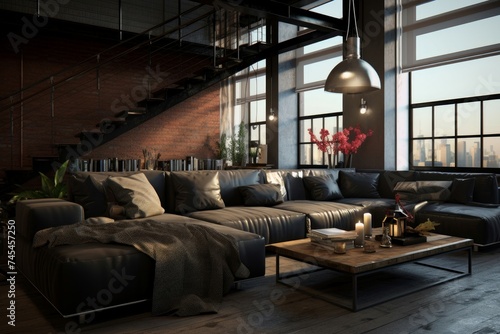 Comfortable Loft style house sofa. Modern living room. Generate Ai
