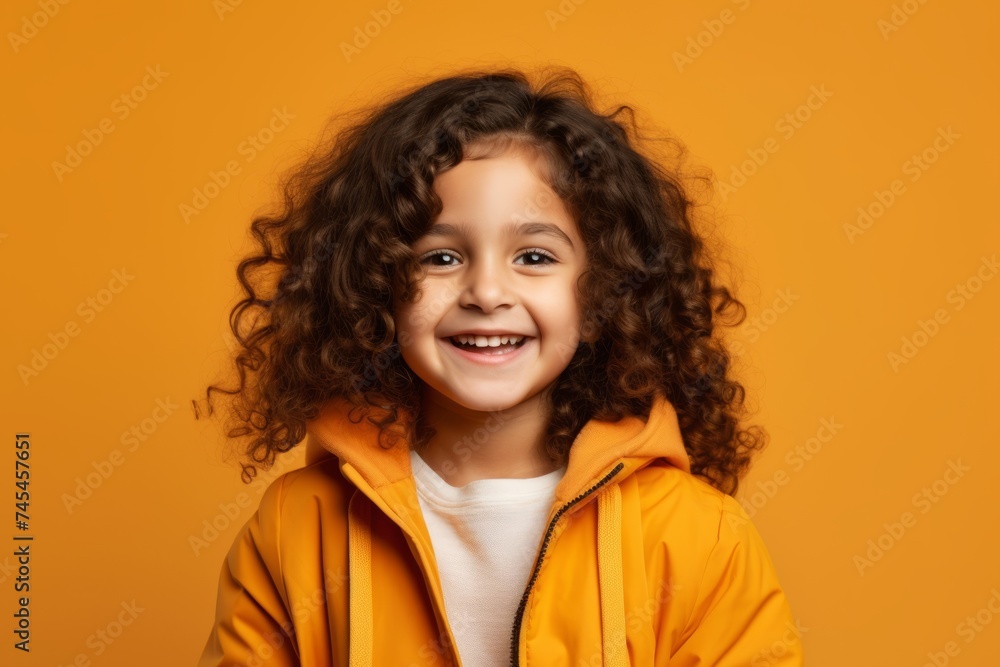 Portrait of a cheerful little curly girl in a yellow jacket on a yellow background Portrait of a cheerful little curly girl in a yellow jacket on a yellow background
