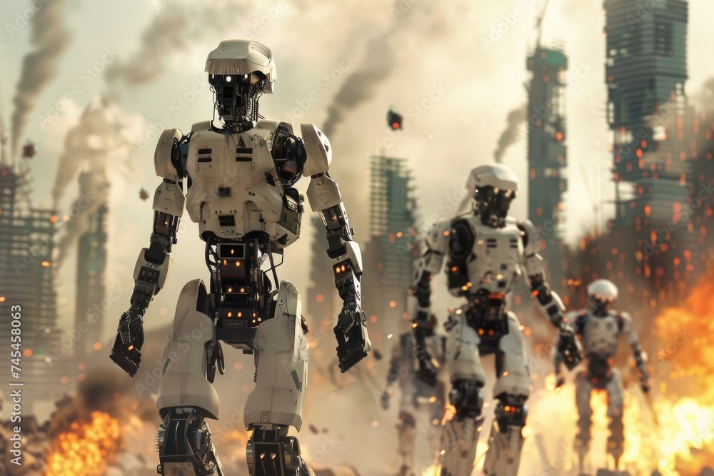 Robots destroy the city. Ai androids at world war, fire and destruction. Concept of apocalypse. AI Generated Robots destroy the city. Ai androids at world war, fire and destruction. Concept of apocalypse. AI Generated