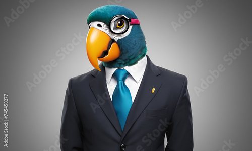 Parrot business portrait dressed as a manager or ceo in a formal office business suit with glasses and tie photo