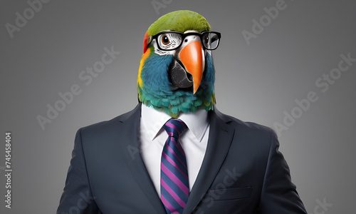 Parrot business portrait dressed as a manager or ceo in a formal office business suit with glasses and tie