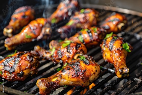 Roasted seasoned juicy chicken drumsticks over flame on a barbecue grill. AI Generated 