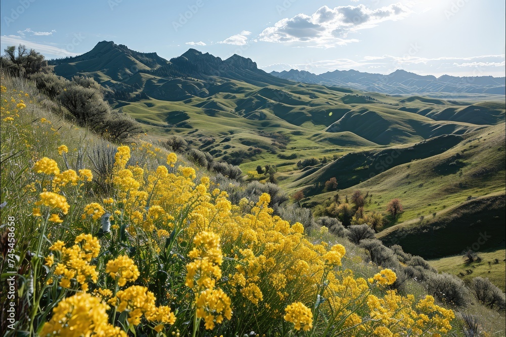 A vast field of vibrant yellow flowers stretches toward towering mountains in the background, creating a stunning contrast of colors and textures
