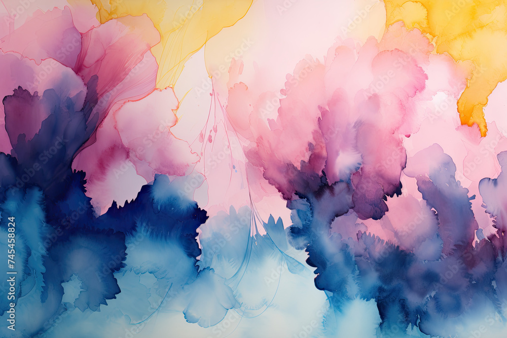 Abstract Colorful Gradient Wallpaper Background. Watercolor Illustration Art Oil Painting with Blue, Pink, Yellow, and Purple Color Splash