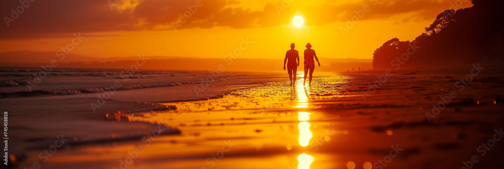 Romantic sunset walk along the beach with a couple's silhouette reflected on the shore.