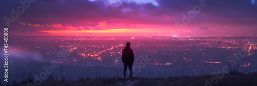 Silhouette of a person standing on a hill overlooking a city illuminated by a stunning sunset.