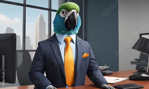 Parrot business portrait dressed as a manager or ceo in a formal office business suit with glasses and tie photo