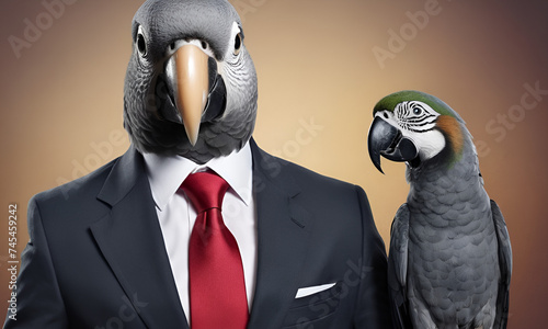 Parrot business portrait dressed as a manager or ceo in a formal office business suit with glasses and tie photo