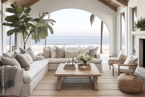 Minimalist Beachfront Cottage Living Room Ideas with Coastal Arch and Lush Plants