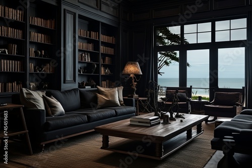 Vintage Film Noir Living Room in Beachfront Property: Coastal Style with Dark Wooden Furniture and Nordic Touches