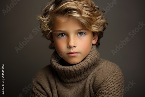 Portrait of a cute little boy in a warm sweater. Studio shot.