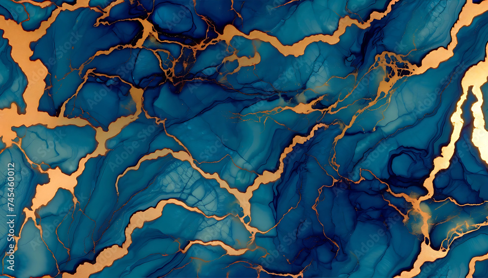 Obraz premium Elegantly marbled blue and gold texture, reminiscent of natural stone or luxurious abstract art.