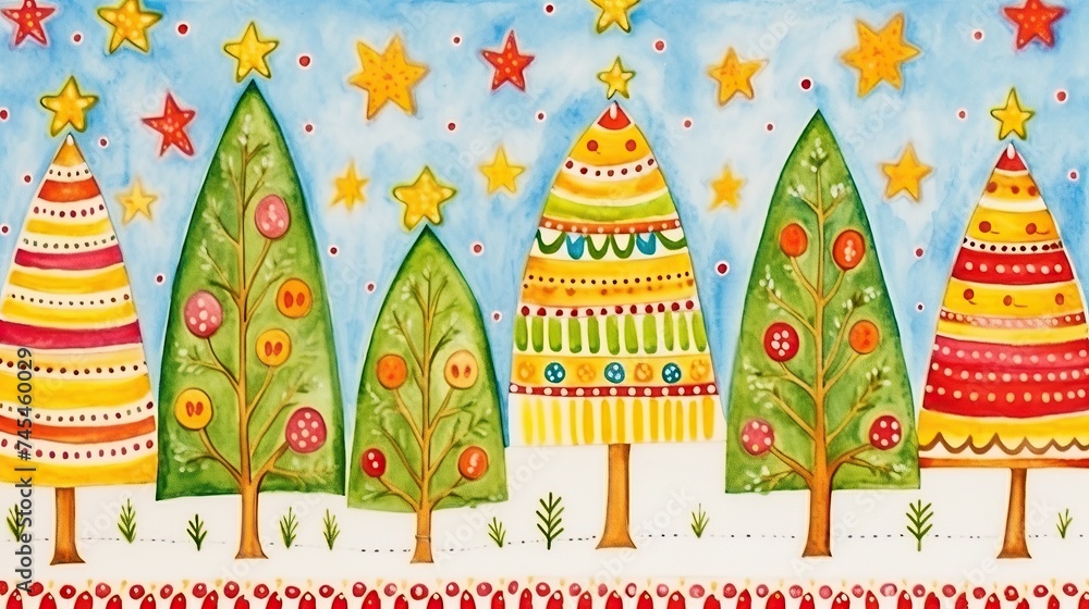 Obraz premium A whimsical painting depicting a serene night sky filled with twinkling stars and towering trees swaying in the moonlit breeze
