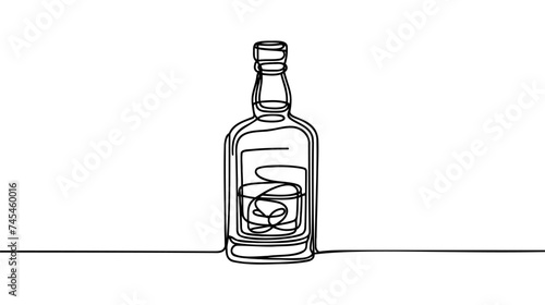 Continuous one line drawing. Bottle and glass of whiskey with ice. Vector illustration