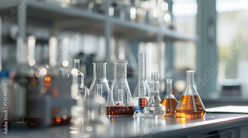 Uma cena laboratorial colorida com tubos de ensaio e frascos de líquidos com um cientista ajustando um microscópio ao fundo photo