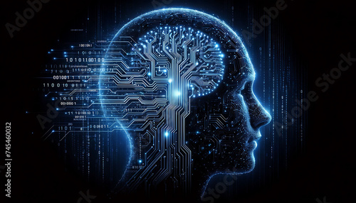 Digital human profile with a brain-shaped circuit board, representing artificial intelligence and machine learning.