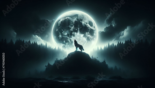 A lone wolf howling on a hilltop with a dramatic full moon backdrop and misty forest silhouette.