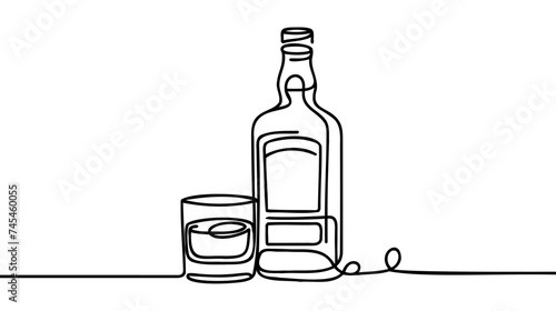 Continuous one line drawing. Bottle and glass of whiskey with ice. Vector illustration
