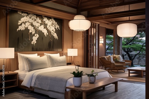 Japanese-Inspired Bungalows with Plant Features and Abstract Wood Paneling.