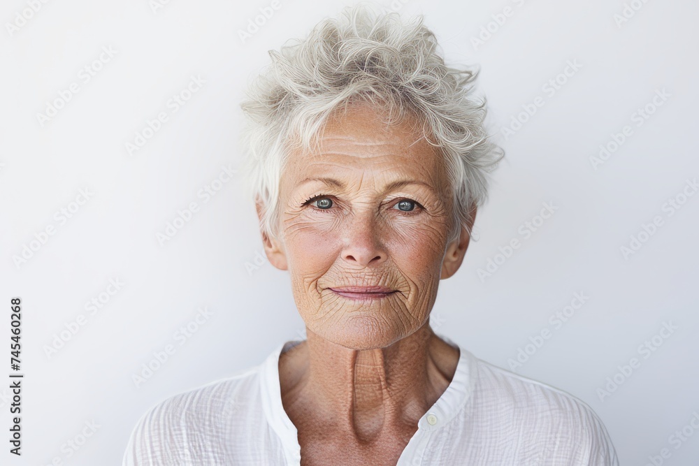 Portrait of senior woman with grey hair looking at camera on white background Portrait of senior woman with grey hair looking at camera on white background