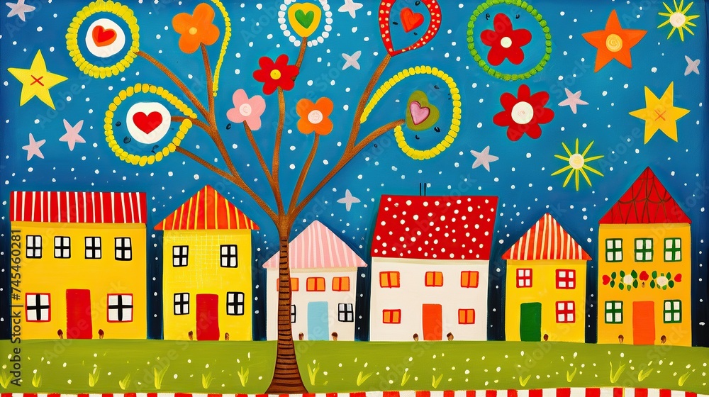 A whimsical painting featuring a majestic tree surrounded by charming houses under a sky filled with twinkling stars