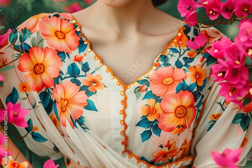 A woman stands gracefully in a floral dress  her neck adorned with vibrant pink flowers