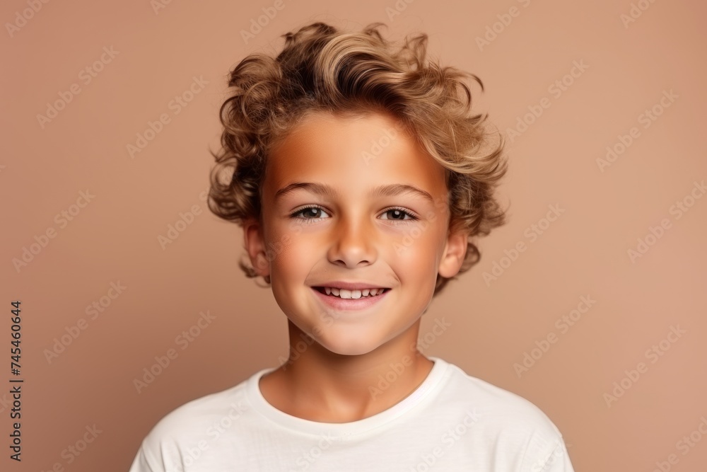 Portrait of a cute little boy with curly hair on a brown background Portrait of a cute little boy with curly hair on a brown background