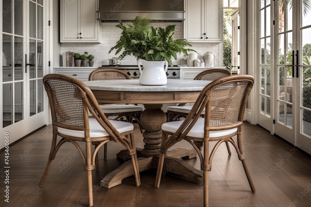 Coastal Colonial Revival Kitchen: Wooden Table and Coastal Chairs Inspiring Design