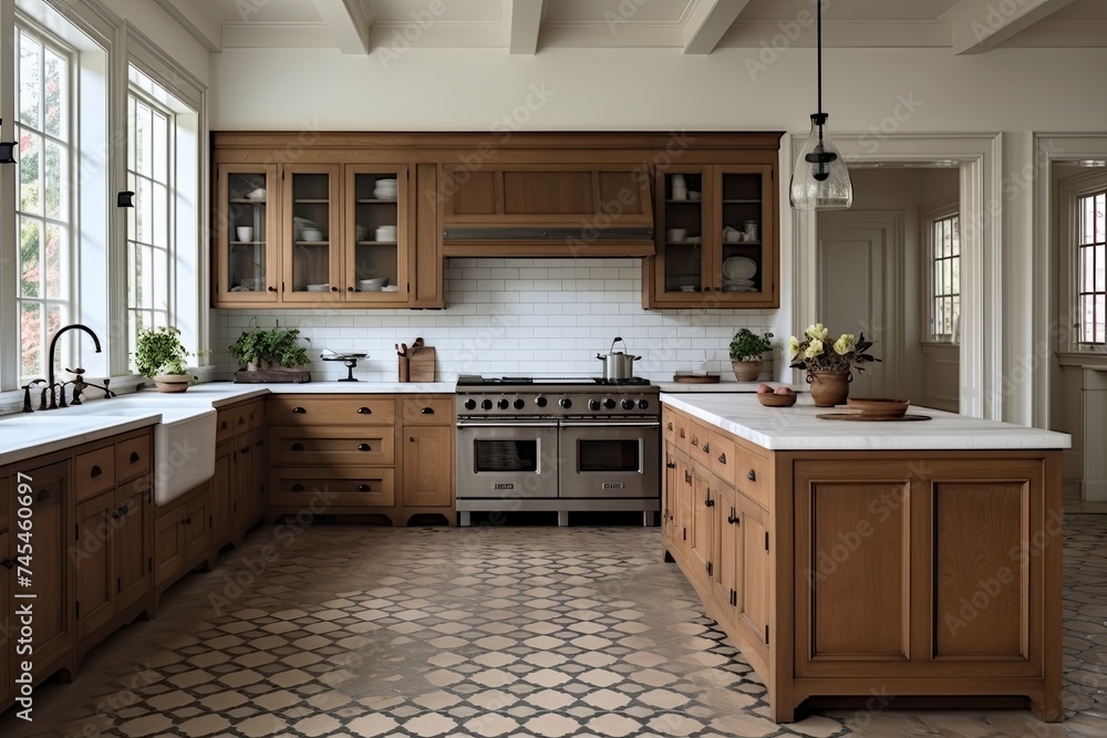 Colonial Revival Wooden Cabinetry & Classic Ceramic Tiles: Kitchen Design Inspirations