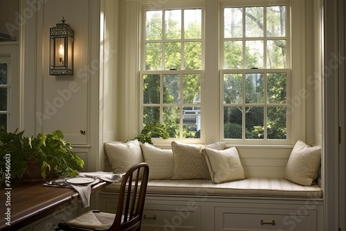 Light-Filled Colonial Revival Kitchen: Window Views, Comfy Seat Cushions