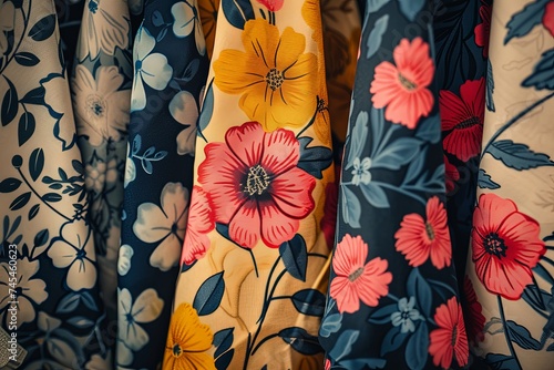 Close-up of various colorful floral fabric patterns hanging in a row photo