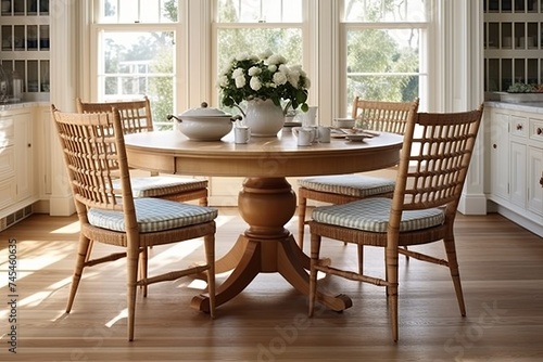 Coastal Colonial Revival Kitchen  Round Wooden Table   Coastal Chairs Design Inspiration