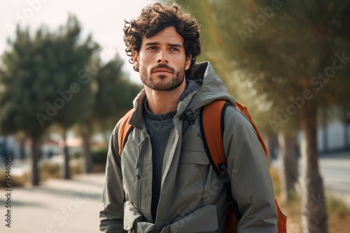 Youthful Man smiling backpack. Summer travel. Generate Ai