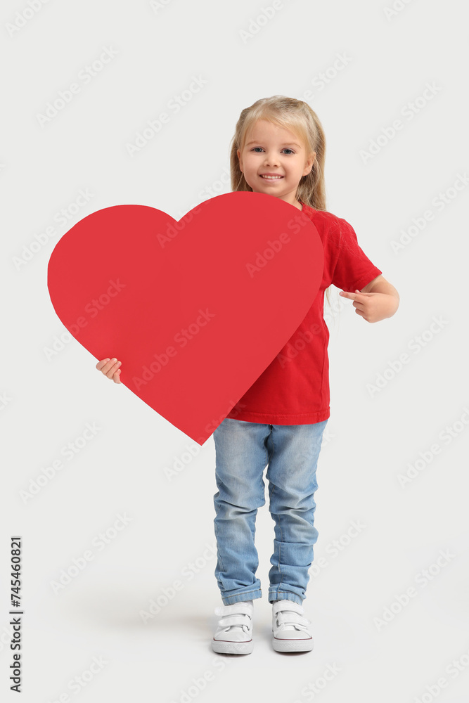Cute little girl with big red paper heart on white background. Valentines Day celebration Cute little girl with big red paper heart on white background. Valentines Day celebration