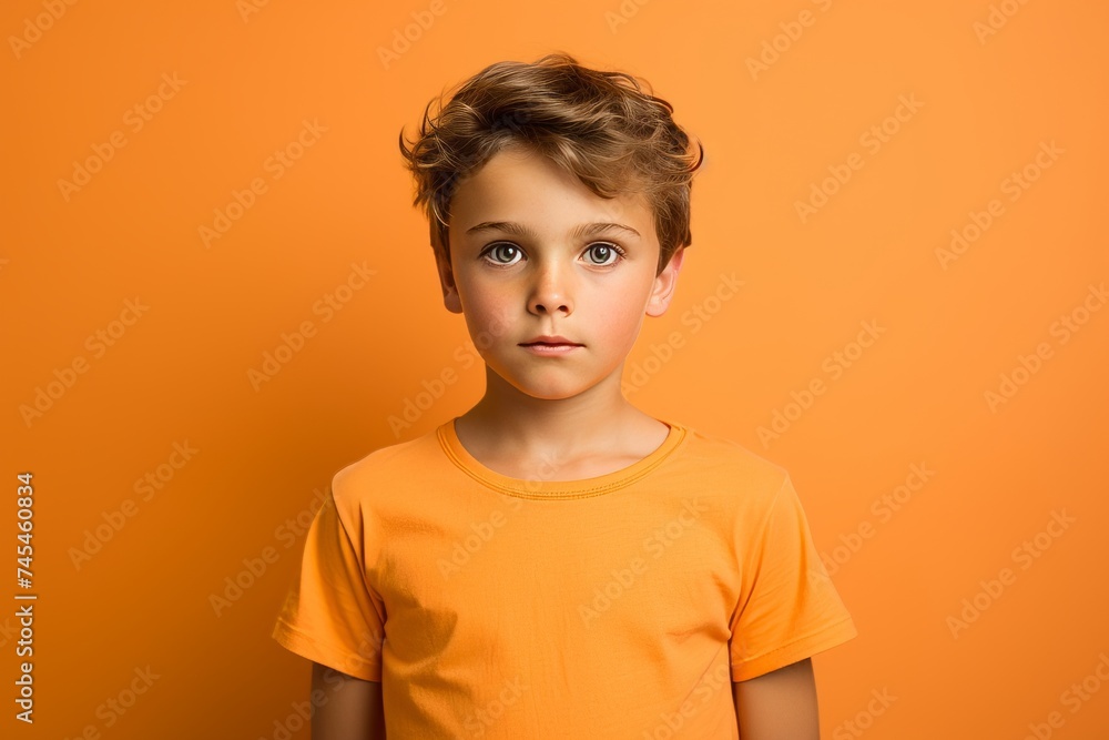 portrait of a little boy in a yellow T-shirt on an orange background portrait of a little boy in a yellow T-shirt on an orange background