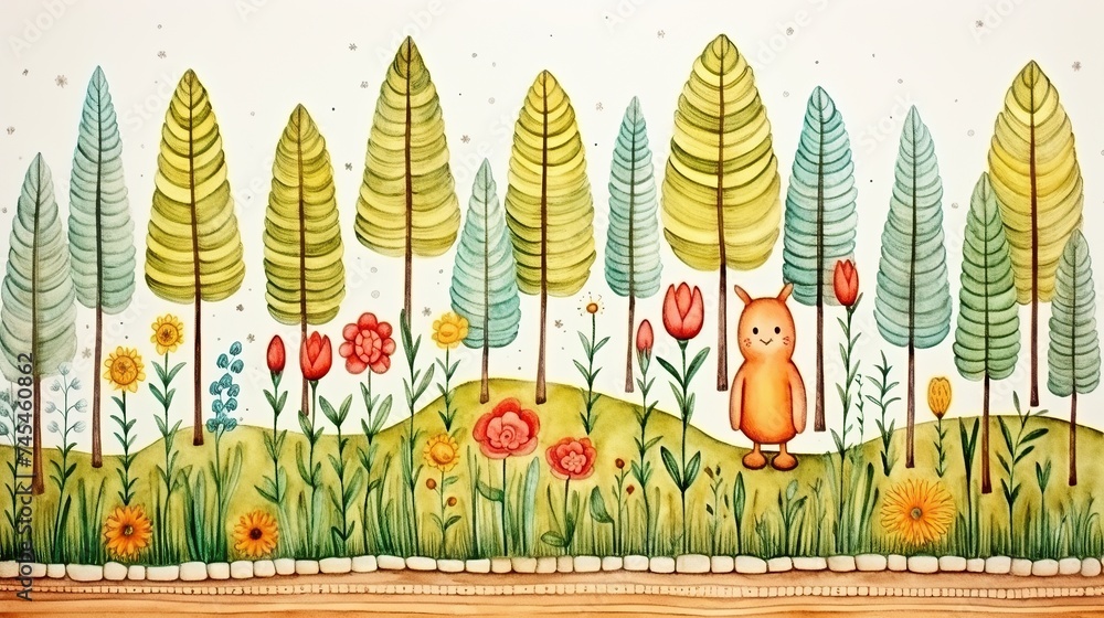 Obraz premium A mystical painting depicting a majestic cat sitting gracefully amidst a lush forest, exuding a sense of tranquility and wonder