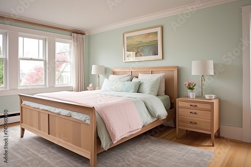 Contemporary Craftsman Bedroom  Elegant Wooden Bedframe with Serene Pastel Textiles